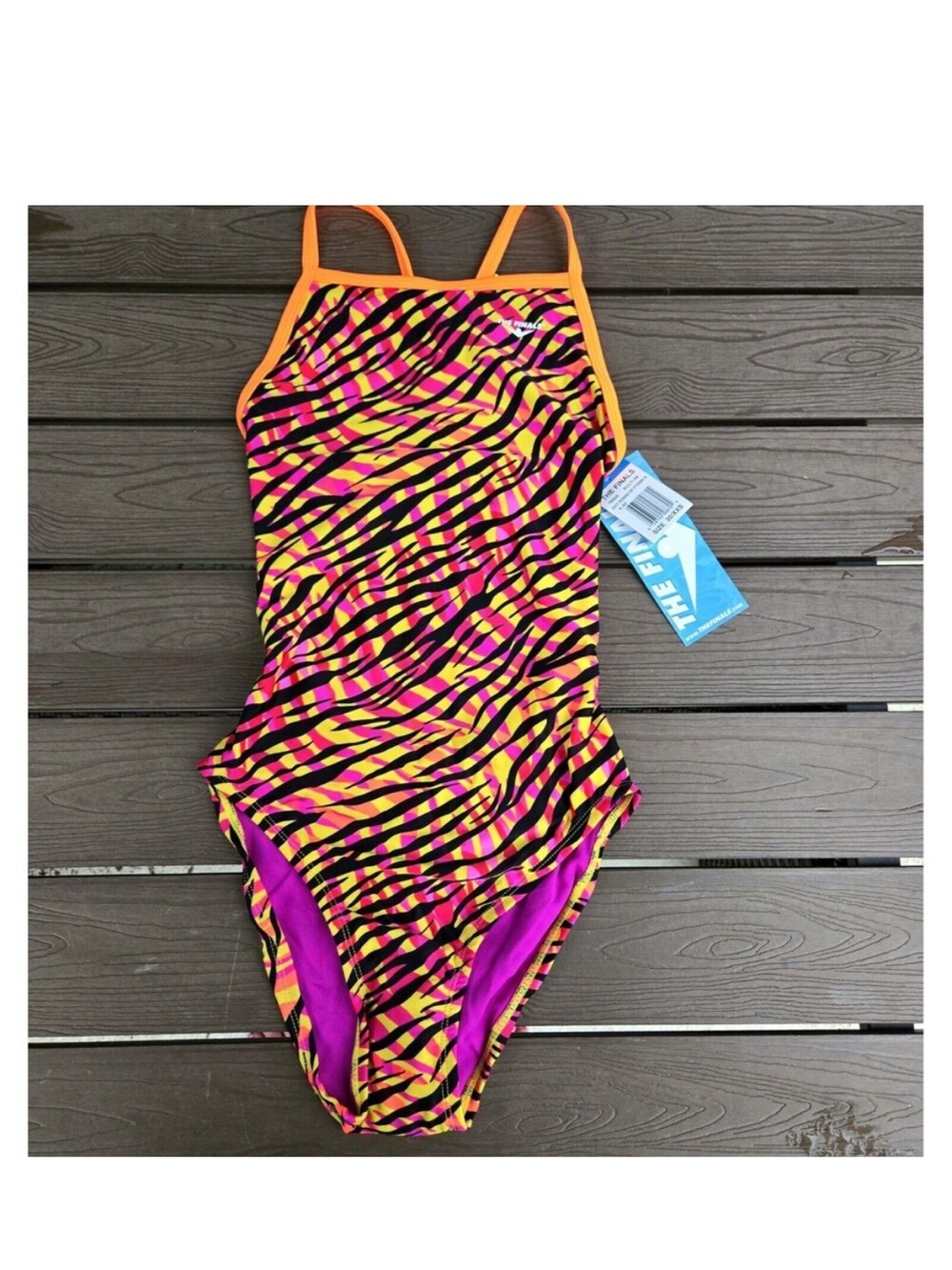TYR The Finals Girls Zany Zebra Swimsuit Flutterback Pink/Orange - Size 22 New
